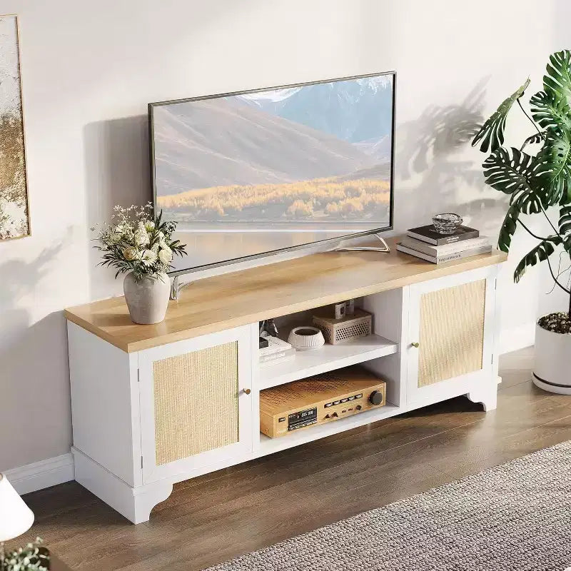 Meuble TV 178 cm, Meuble TV bohème en rotin, Console en bois avec rangement et étagères