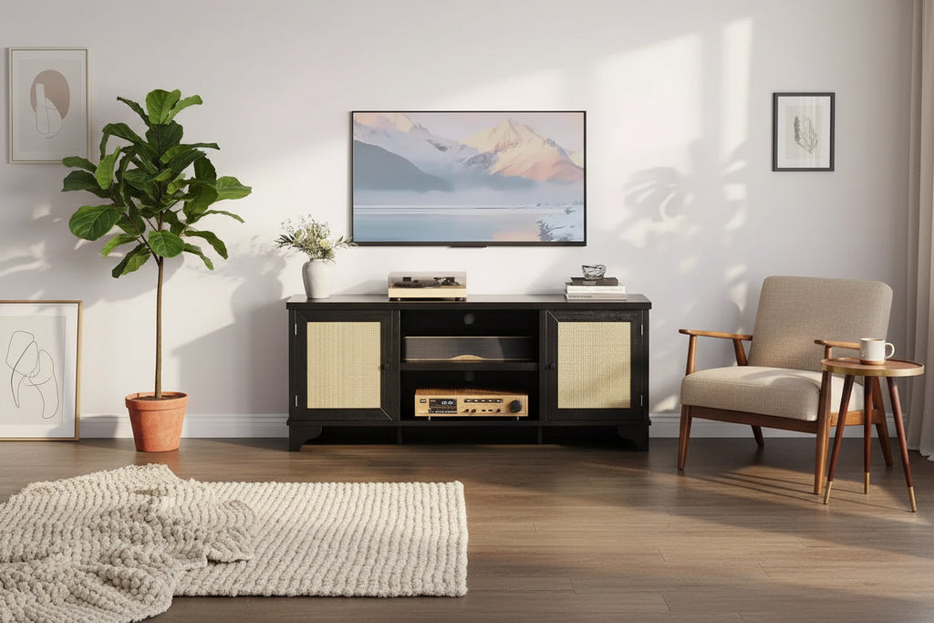 Meuble TV 178 cm, Meuble TV bohème en rotin, Console en bois avec rangement et étagères