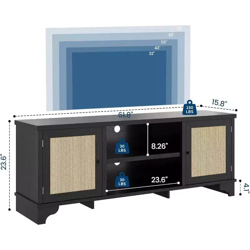 Meuble TV 178 cm, Meuble TV bohème en rotin, Console en bois avec rangement et étagères