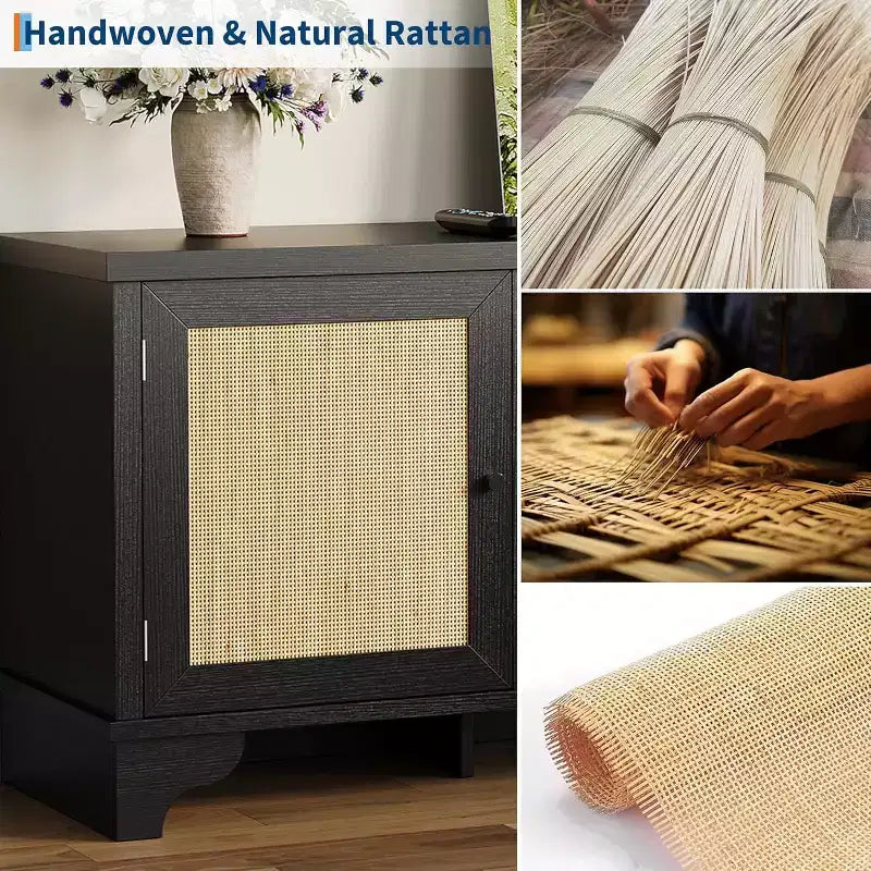 Meuble TV 178 cm, Meuble TV bohème en rotin, Console en bois avec rangement et étagères