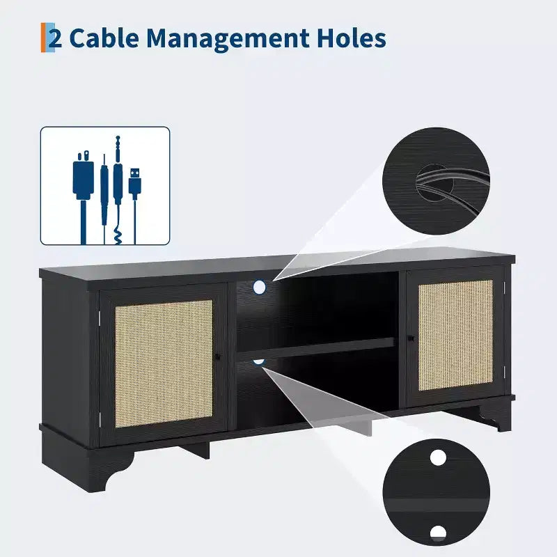 Meuble TV 178 cm, Meuble TV bohème en rotin, Console en bois avec rangement et étagères