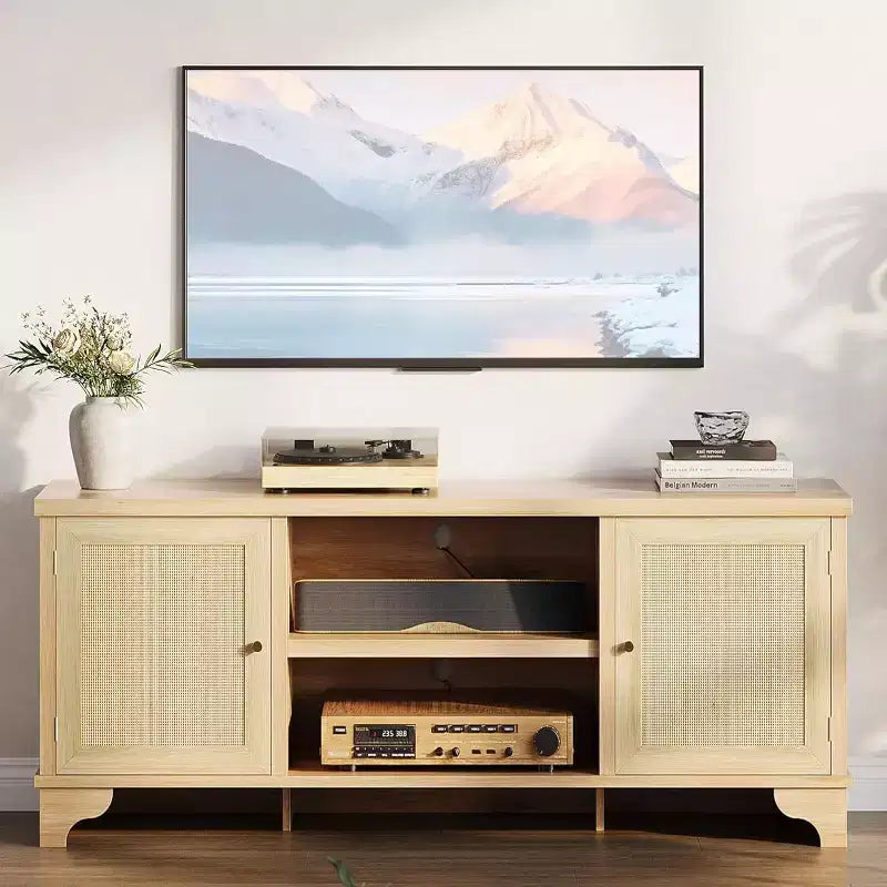 Meuble TV 178 cm, Meuble TV bohème en rotin, Console en bois avec rangement et étagères