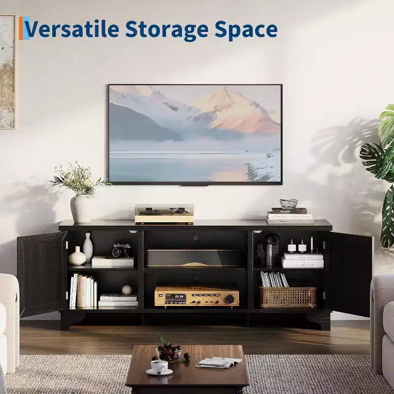 Meuble TV 178 cm, Meuble TV bohème en rotin, Console en bois avec rangement et étagères