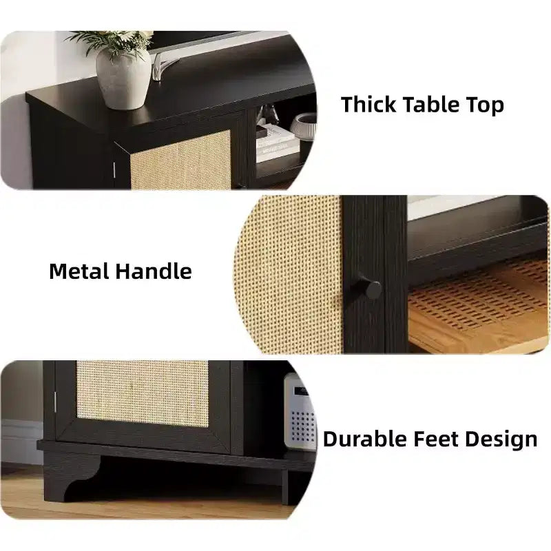 Meuble TV 178 cm, Meuble TV bohème en rotin, Console en bois avec rangement et étagères