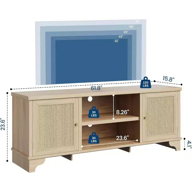 Meuble TV 178 cm, Meuble TV bohème en rotin, Console en bois avec rangement et étagères
