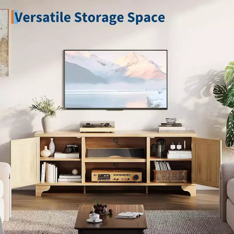 Meuble TV 178 cm, Meuble TV bohème en rotin, Console en bois avec rangement et étagères