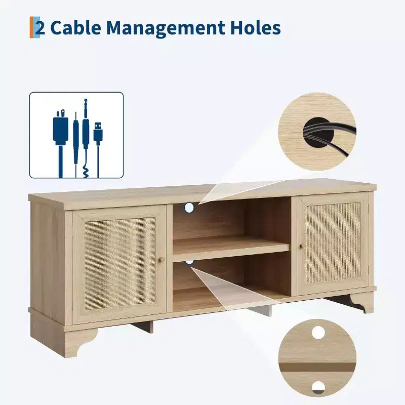 Meuble TV 178 cm, Meuble TV bohème en rotin, Console en bois avec rangement et étagères