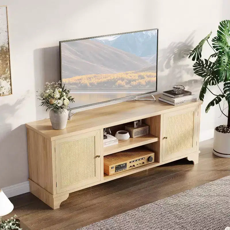 Meuble TV 178 cm, Meuble TV bohème en rotin, Console en bois avec rangement et étagères