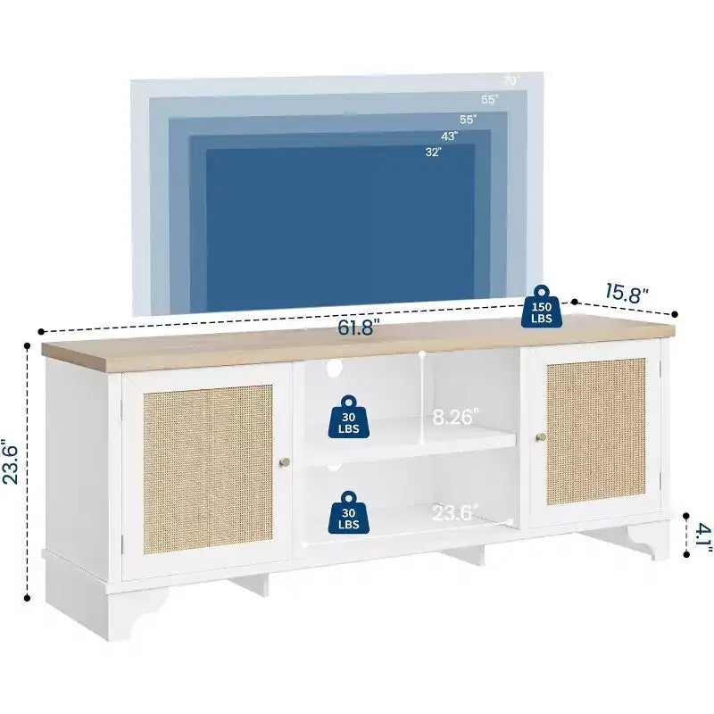 Meuble TV 178 cm, Meuble TV bohème en rotin, Console en bois avec rangement et étagères