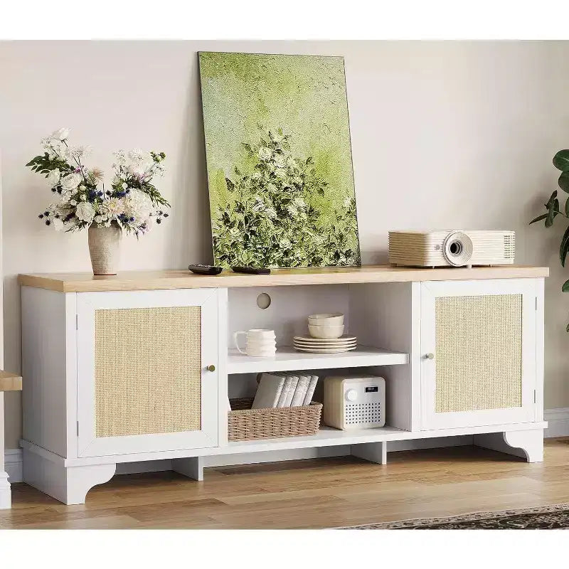 Meuble TV 178 cm, Meuble TV bohème en rotin, Console en bois avec rangement et étagères