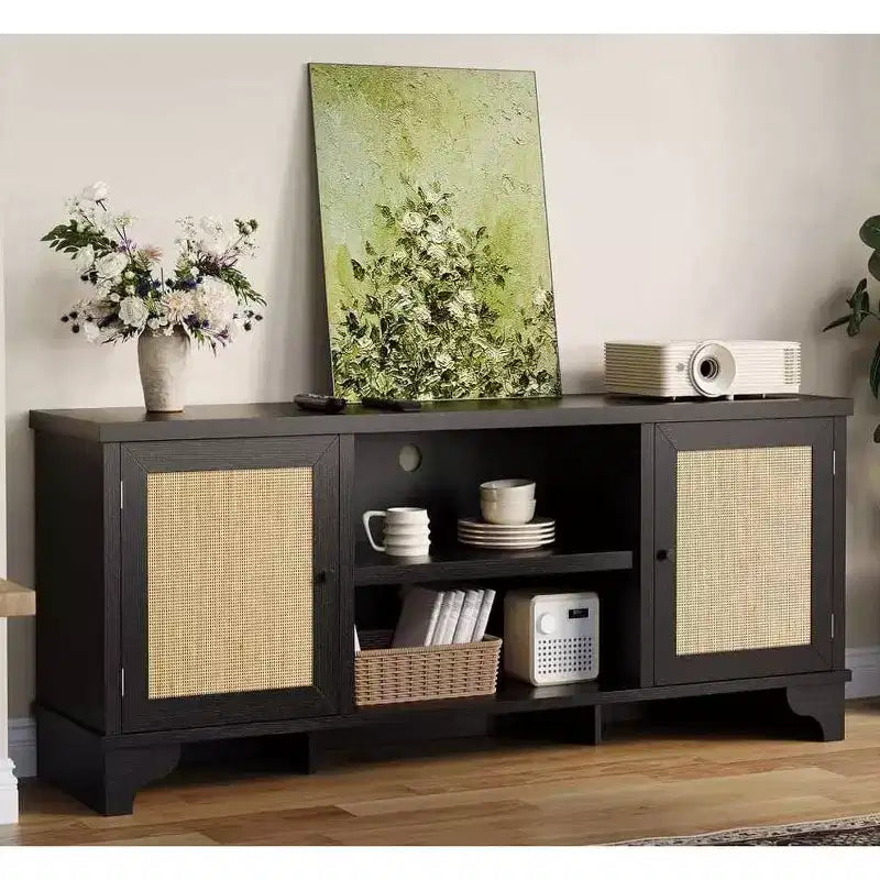 Meuble TV 178 cm, Meuble TV bohème en rotin, Console en bois avec rangement et étagères