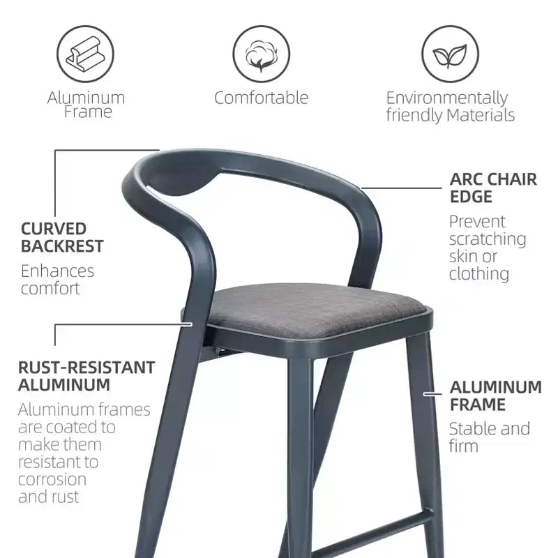 Chaise de bar minimaliste en aluminium avec dossier, lot de 2, intérieur et extérieur, gris-bleu