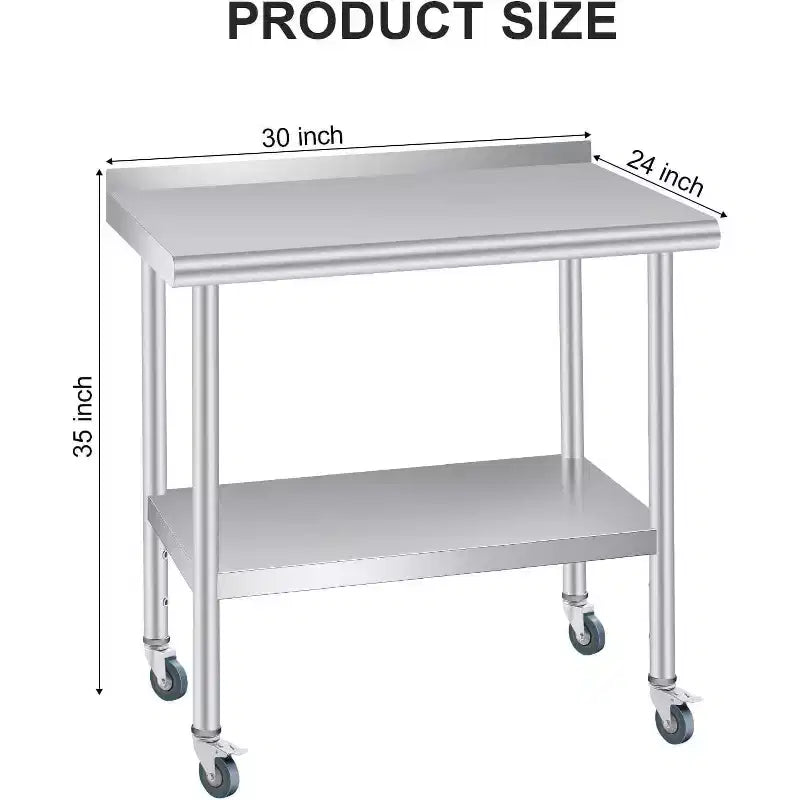 Table en acier inoxydable avec roues, poste de travail robuste 60x24" avec dosseret et étagère réglable