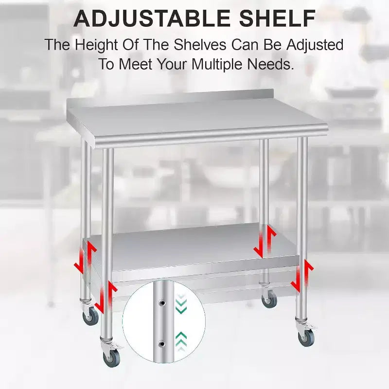 Table en acier inoxydable avec roues, poste de travail robuste 60x24" avec dosseret et étagère réglable