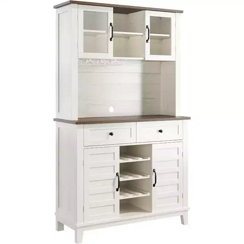 Meuble de cuisine autoportant de 183 cm avec vaisselier, 4 portes, 2 tiroirs, casier à vin et porte-verres, blanc
