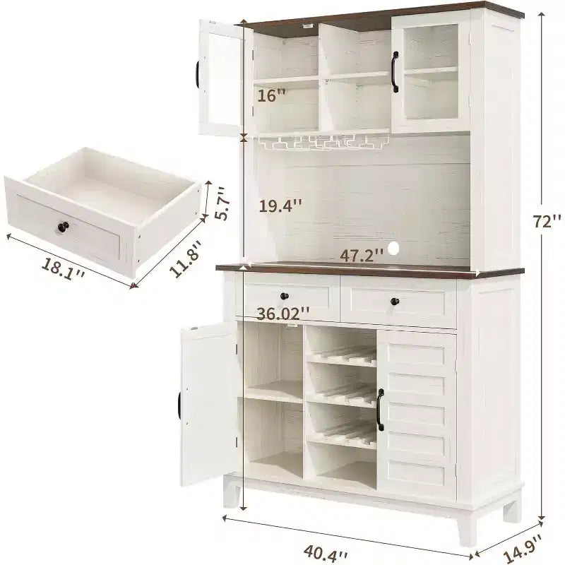Meuble de cuisine autoportant de 183 cm avec vaisselier, 4 portes, 2 tiroirs, casier à vin et porte-verres, blanc