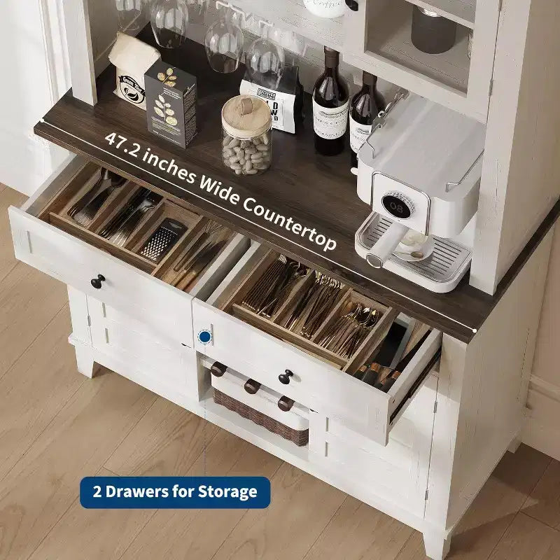 Meuble de cuisine autoportant de 183 cm avec vaisselier, 4 portes, 2 tiroirs, casier à vin et porte-verres, blanc