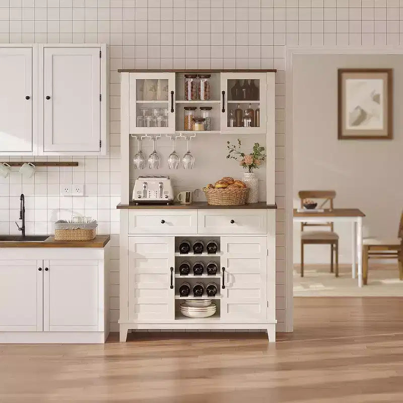 Meuble de cuisine autoportant de 183 cm avec vaisselier, 4 portes, 2 tiroirs, casier à vin et porte-verres, blanc