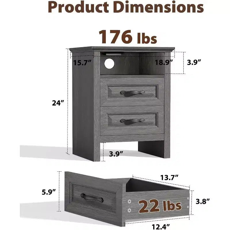 Table de chevet de ferme avec station de recharge, 48 cm de large, 2 tiroirs, grise, lot de 2