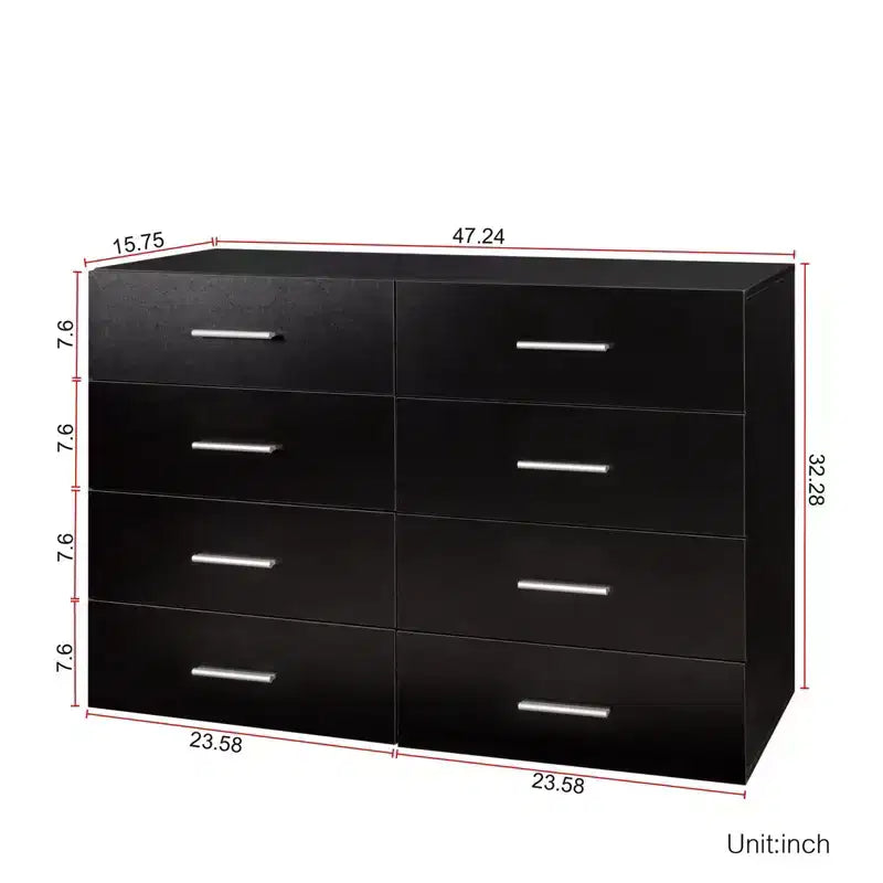 Commode noire 8 tiroirs, 120 cm de large