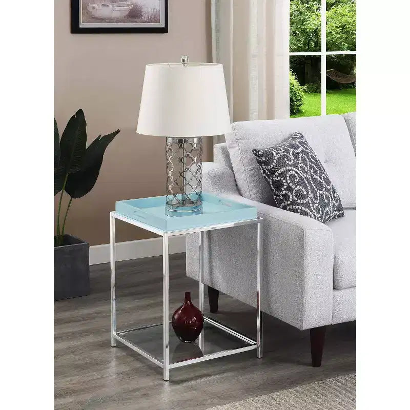 Table d'appoint, métal bleu, rectangulaire, 61 cm H avec 2 étagères