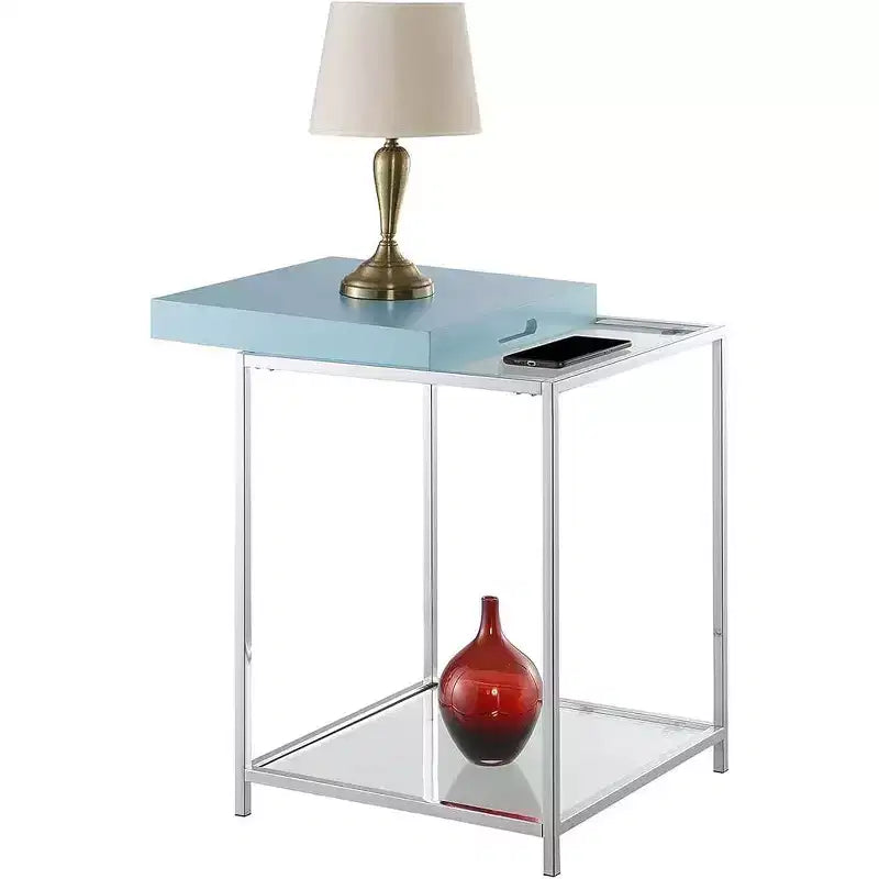 Table d'appoint, métal bleu, rectangulaire, 61 cm H avec 2 étagères