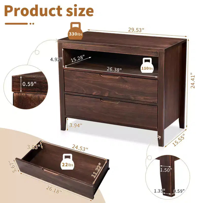 Table de chevet en MDF marron à 2 tiroirs, 75 cm de large