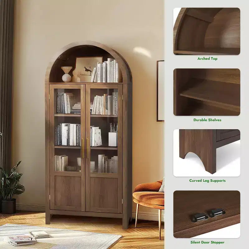 Meuble de rangement haut cintré de 180 cm avec 2 portes et étagères en acrylique pour salon