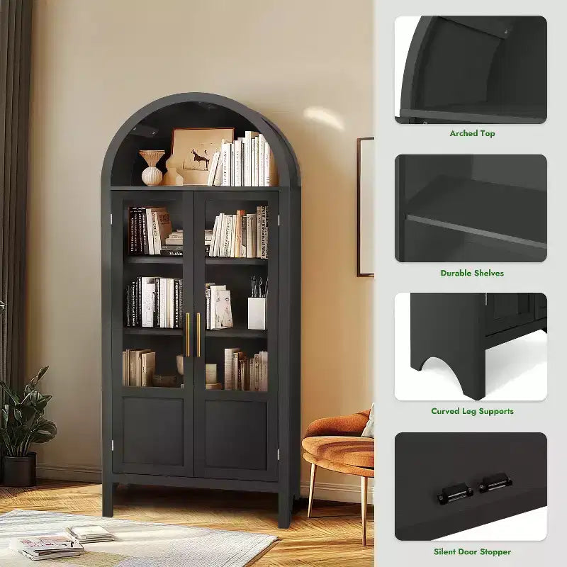 Meuble de rangement haut cintré de 180 cm avec 2 portes et étagères en acrylique pour salon