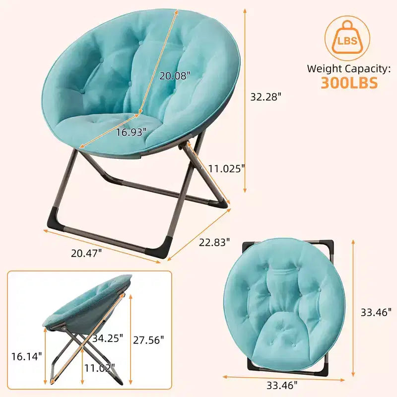 Fauteuil soucoupe pliant en fausse fourrure, assise épaisse et moelleuse, cadre métallique