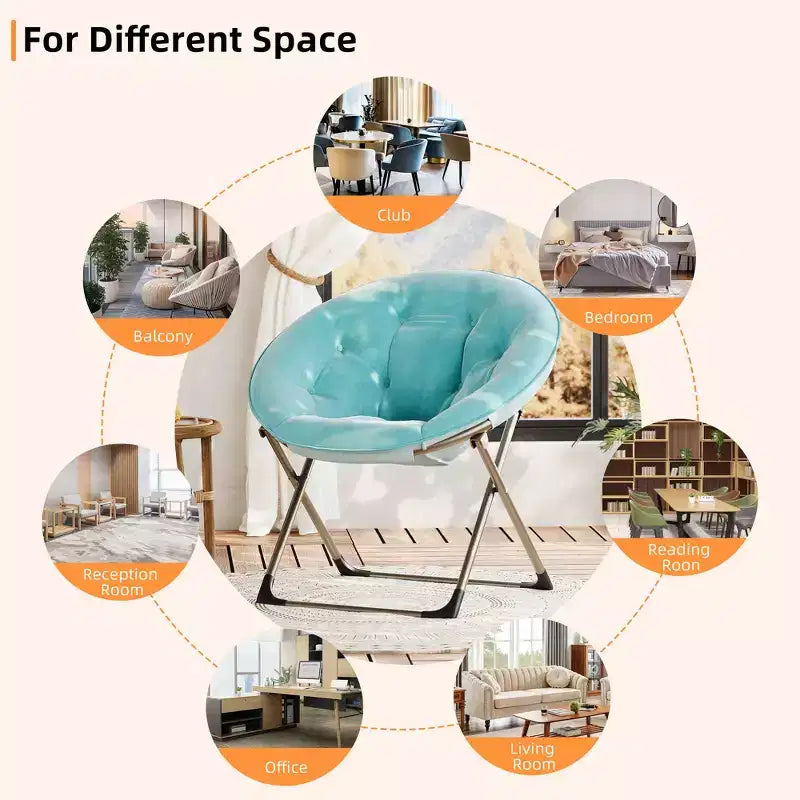 Fauteuil soucoupe pliant en fausse fourrure, assise épaisse et moelleuse, cadre métallique