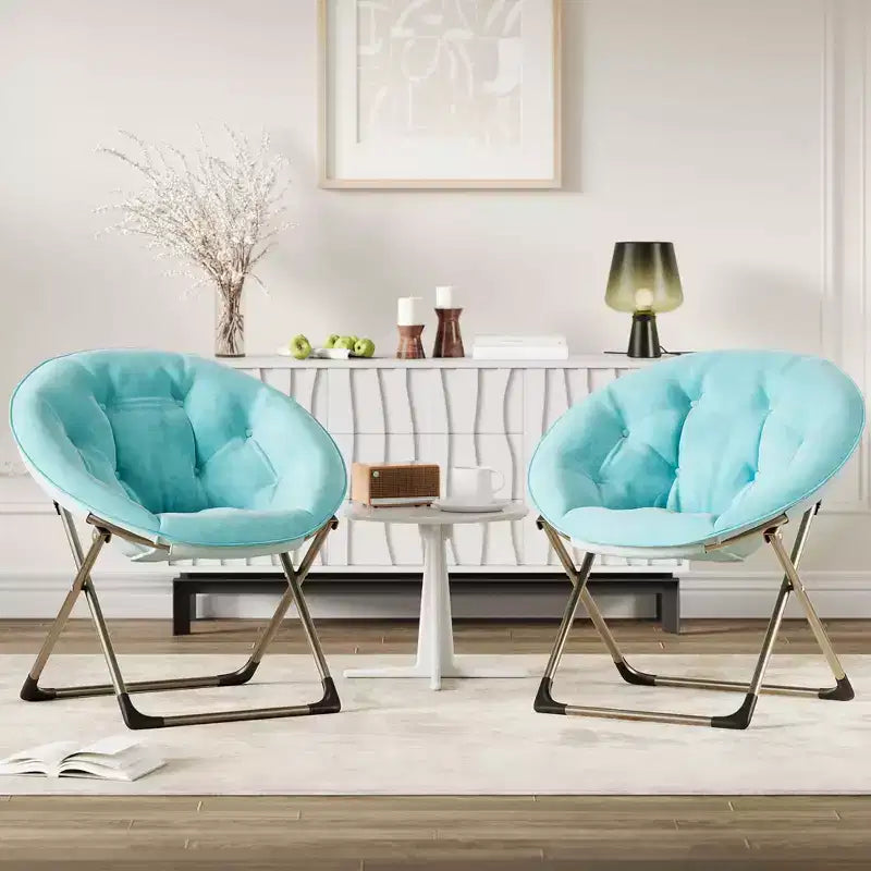 Fauteuil soucoupe pliant en fausse fourrure, assise épaisse et moelleuse, cadre métallique