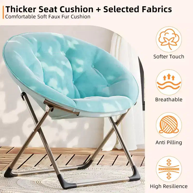 Fauteuil soucoupe pliant en fausse fourrure, assise épaisse et moelleuse, cadre métallique