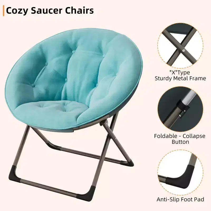 Fauteuil soucoupe pliant en fausse fourrure, assise épaisse et moelleuse, cadre métallique