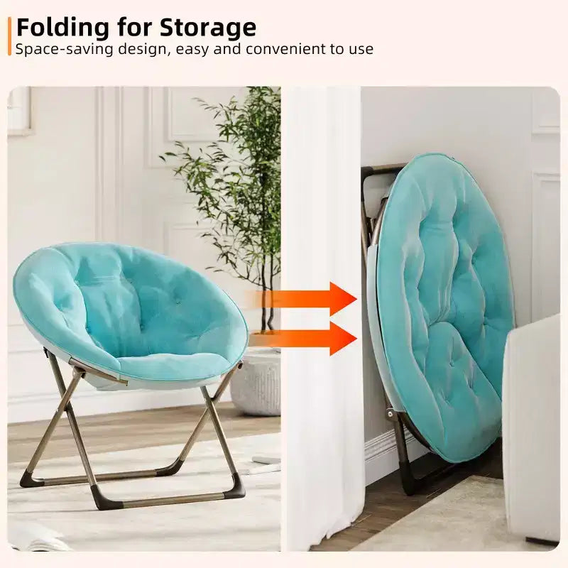 Fauteuil soucoupe pliant en fausse fourrure, assise épaisse et moelleuse, cadre métallique