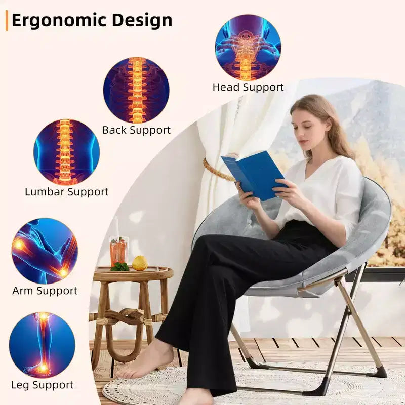 Fauteuil soucoupe pliant en fausse fourrure, assise épaisse et moelleuse, cadre métallique