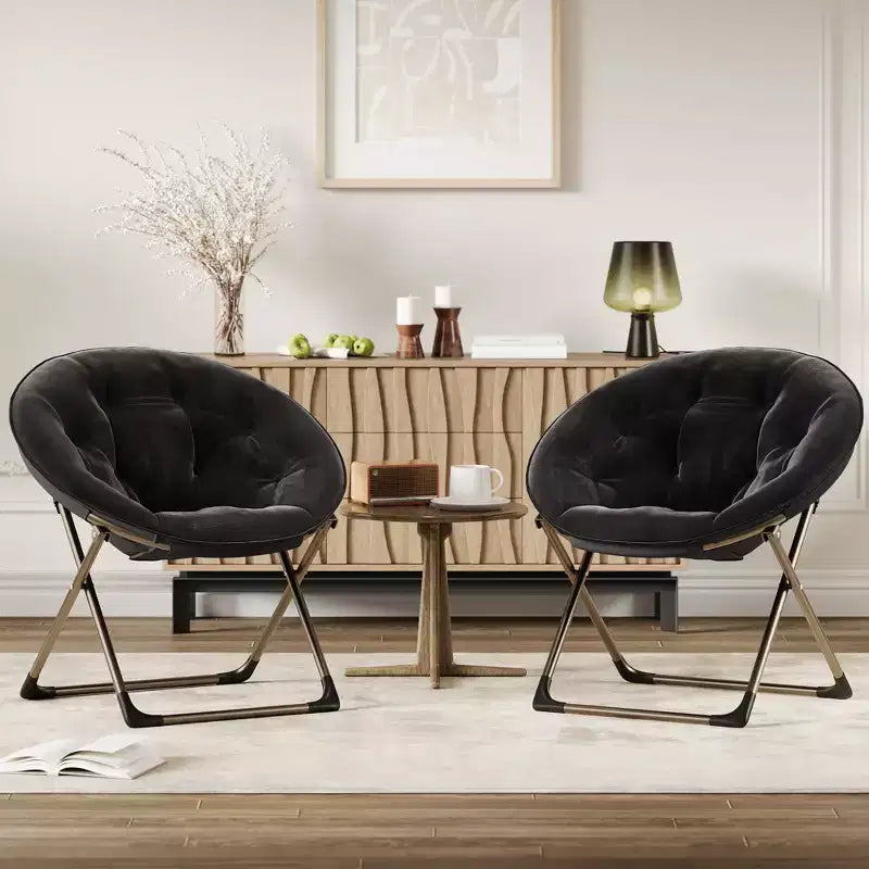 Fauteuil soucoupe pliant en fausse fourrure, assise épaisse et moelleuse, cadre métallique