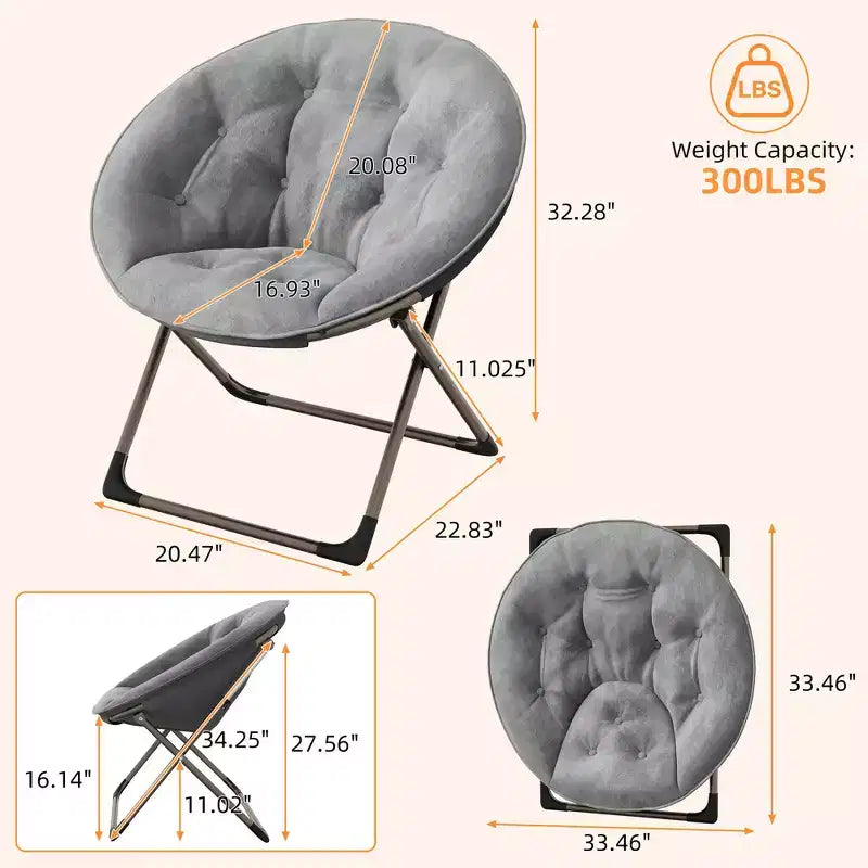 Fauteuil soucoupe pliant en fausse fourrure, assise épaisse et moelleuse, cadre métallique