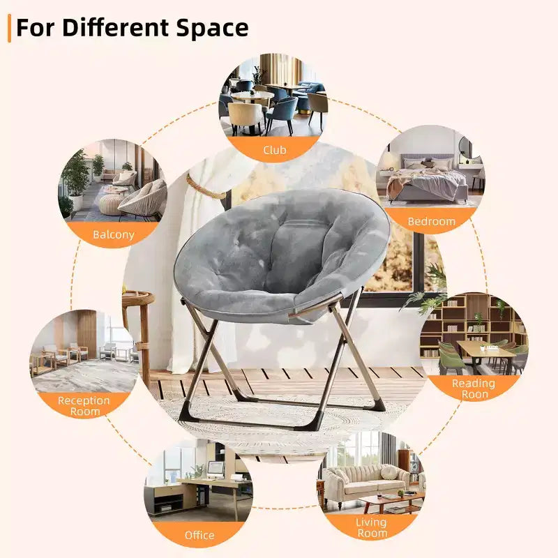 Fauteuil soucoupe pliant en fausse fourrure, assise épaisse et moelleuse, cadre métallique