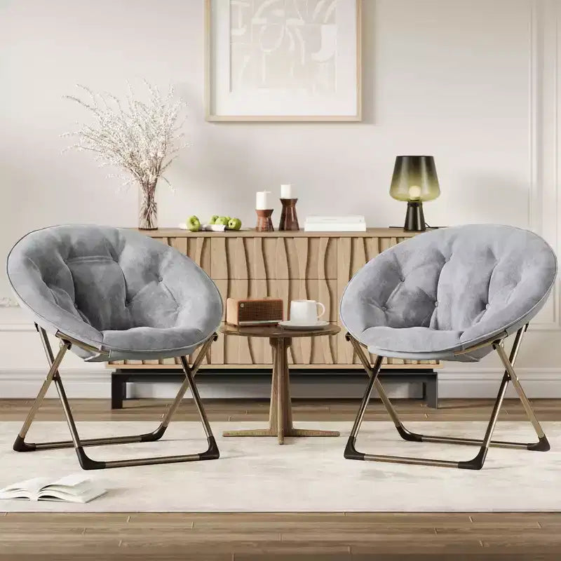 Fauteuil soucoupe pliant en fausse fourrure, assise épaisse et moelleuse, cadre métallique