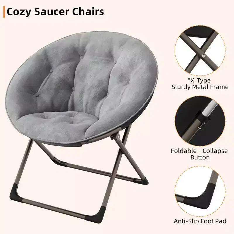 Fauteuil soucoupe pliant en fausse fourrure, assise épaisse et moelleuse, cadre métallique