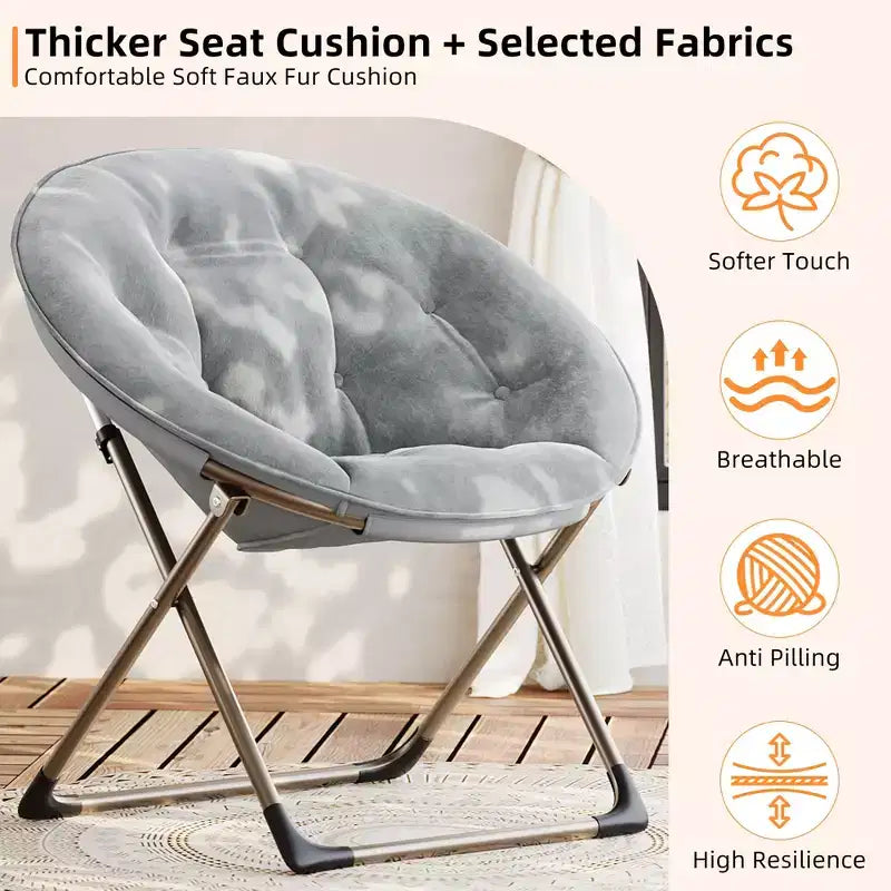 Fauteuil soucoupe pliant en fausse fourrure, assise épaisse et moelleuse, cadre métallique