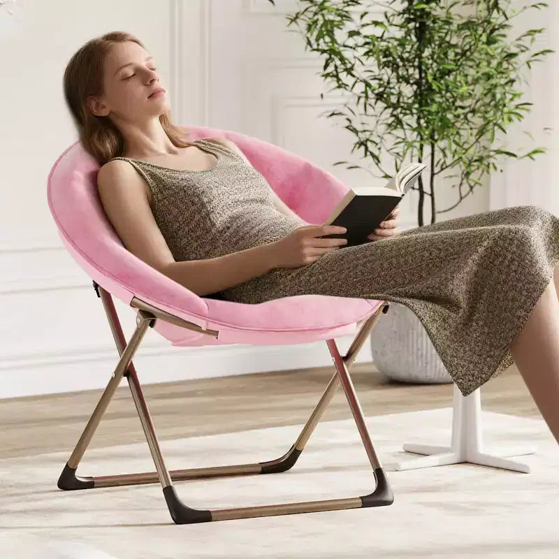 Fauteuil soucoupe pliant en fausse fourrure, assise épaisse et moelleuse, cadre métallique