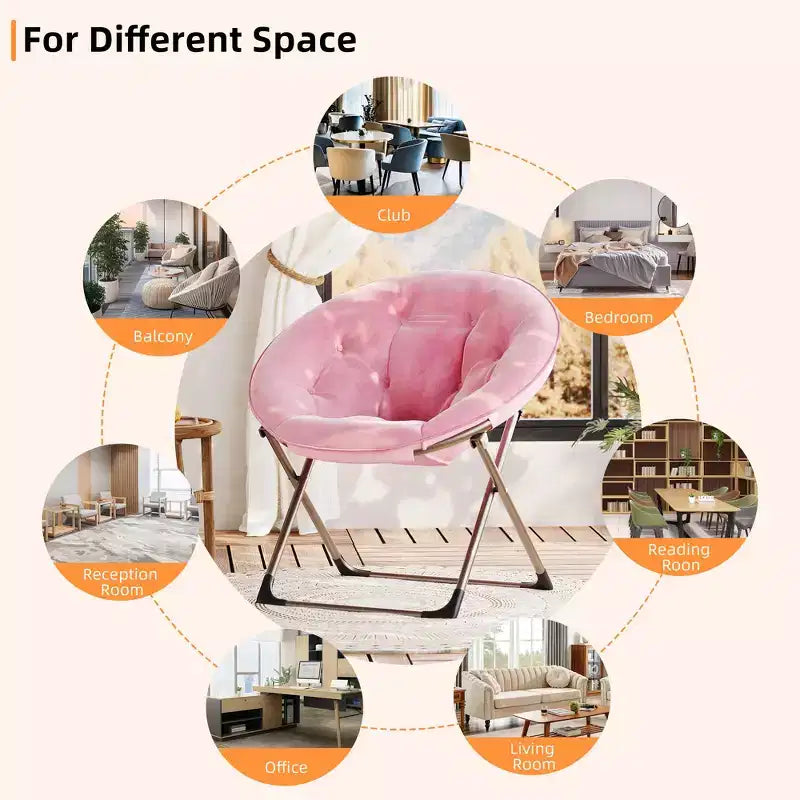 Fauteuil soucoupe pliant en fausse fourrure, assise épaisse et moelleuse, cadre métallique