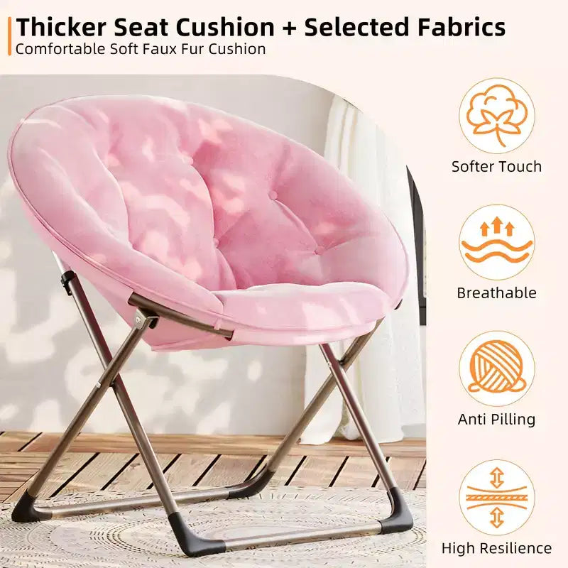 Fauteuil soucoupe pliant en fausse fourrure, assise épaisse et moelleuse, cadre métallique