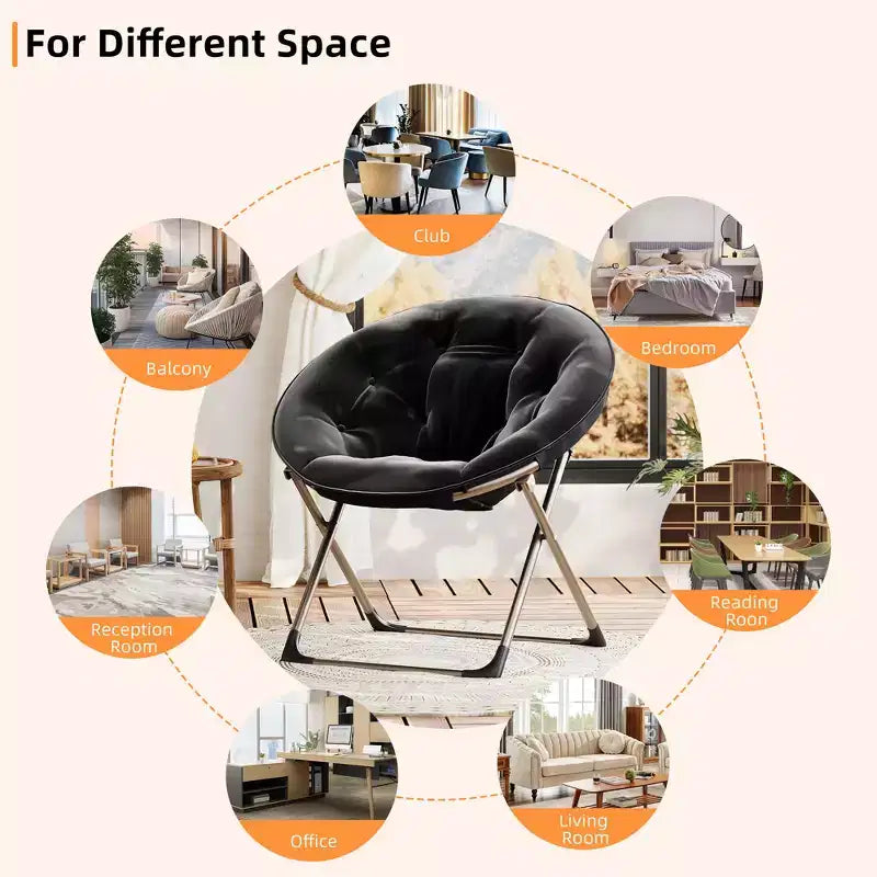 Fauteuil soucoupe pliant en fausse fourrure, assise épaisse et moelleuse, cadre métallique