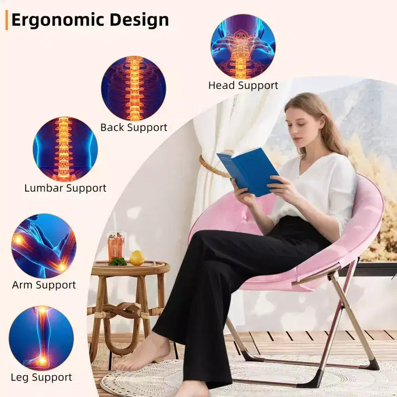 Fauteuil soucoupe pliant en fausse fourrure, assise épaisse et moelleuse, cadre métallique