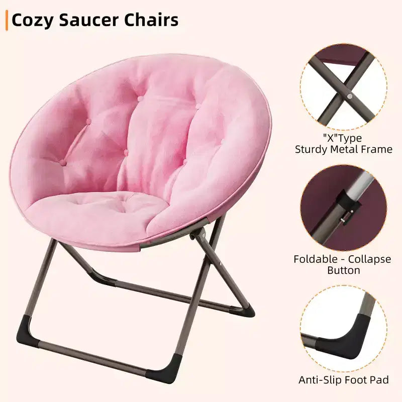 Fauteuil soucoupe pliant en fausse fourrure, assise épaisse et moelleuse, cadre métallique