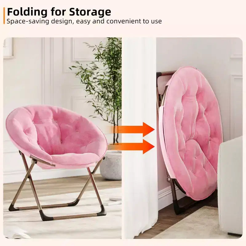 Fauteuil soucoupe pliant en fausse fourrure, assise épaisse et moelleuse, cadre métallique