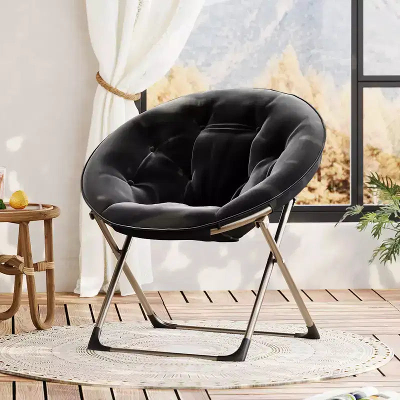 Fauteuil soucoupe pliant en fausse fourrure, assise épaisse et moelleuse, cadre métallique